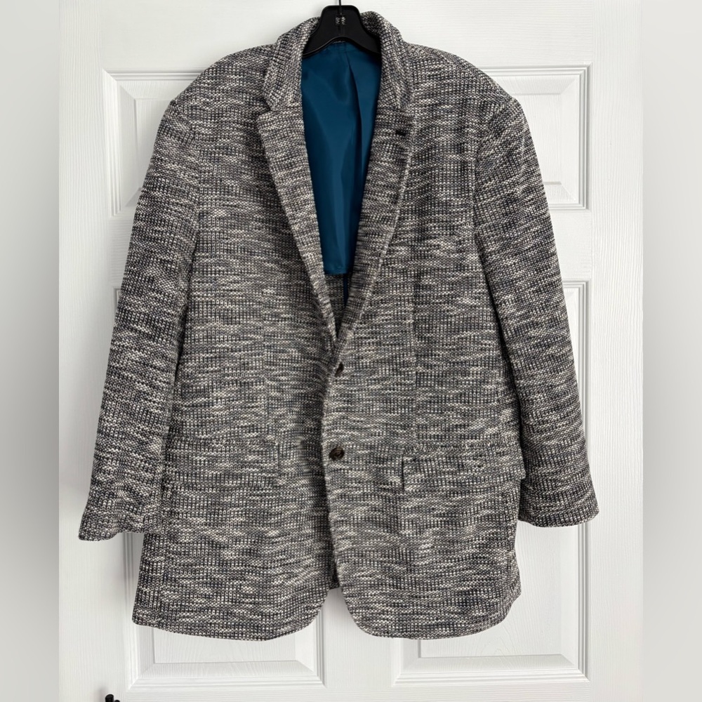 Tasso Elba Gray Knit Textured Deconstructed Blazer with Partial Blue Lining